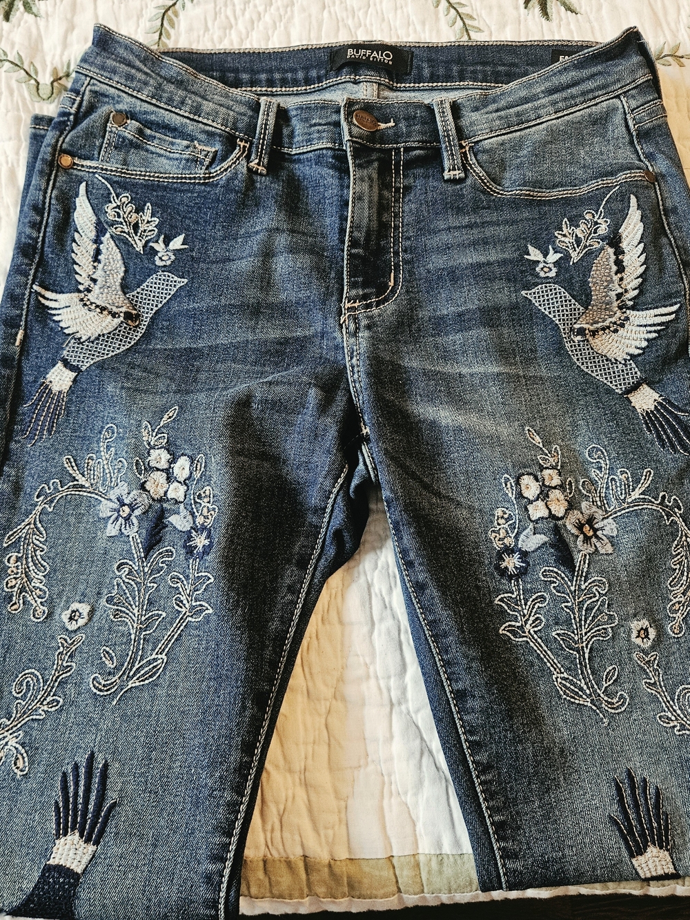Buffalo David Bitton Dark Blue Denim Jeans with White & Light Blue Embroidery